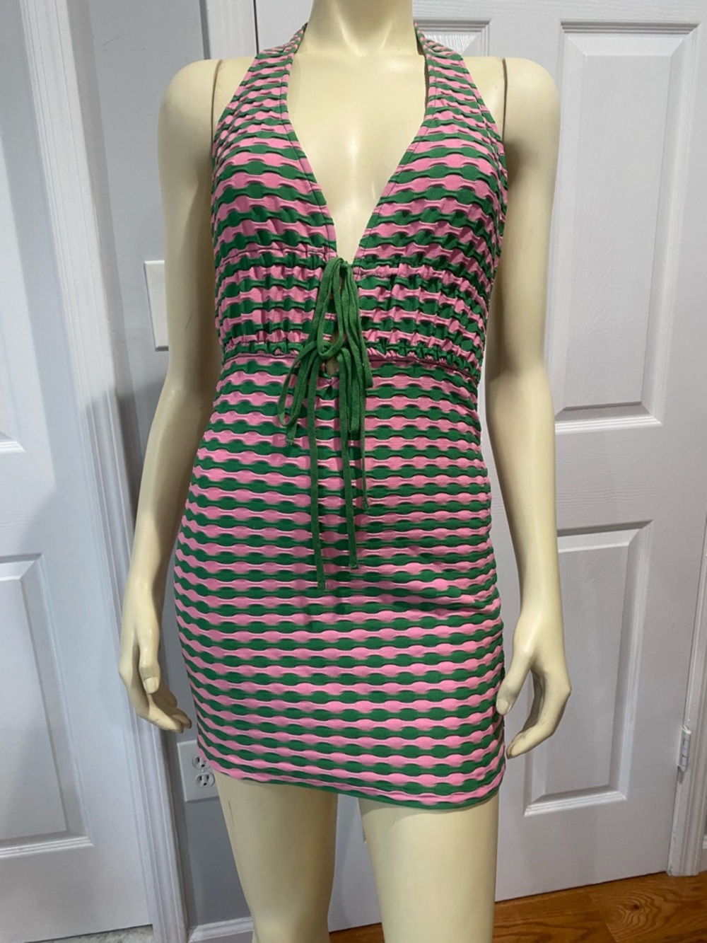 Zara sure cute Pink and Green Striped Halter Mini Dress/ Size Medium